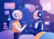 A minimalist illustration showing the relationship between insurance and chatbots using abstract geometric shapes.