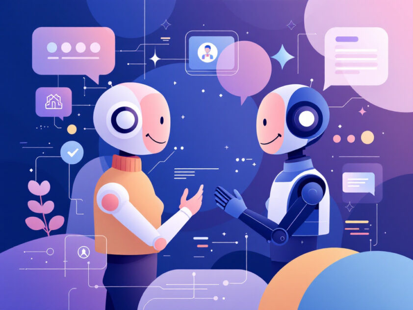 A minimalist illustration showing the relationship between insurance and chatbots using abstract geometric shapes.