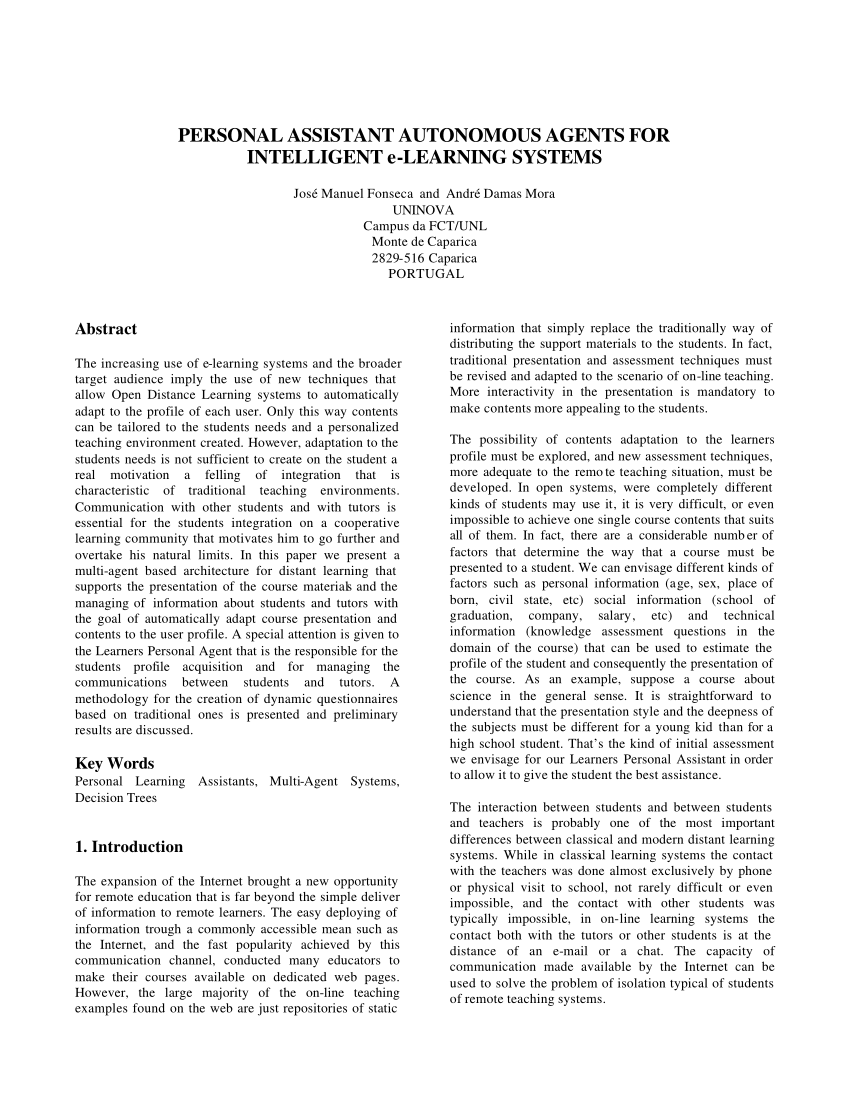 Illustration of intelligent e-learning systems with personal assistants