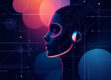 A minimalist digital illustration of an intelligent agent using geometric shapes and gradients.