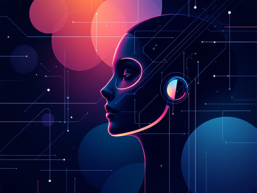 A minimalist digital illustration of an intelligent agent using geometric shapes and gradients.