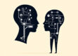 Minimalist digital illustration showing two silhouettes: one intelligent agent, one virtual assistant.