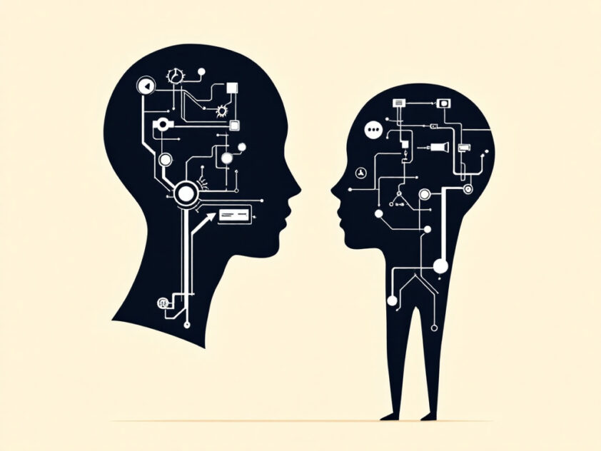 Minimalist digital illustration showing two silhouettes: one intelligent agent, one virtual assistant.