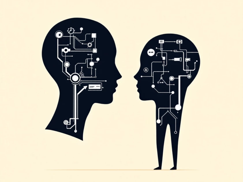 Minimalist digital illustration showing two silhouettes: one intelligent agent, one virtual assistant.