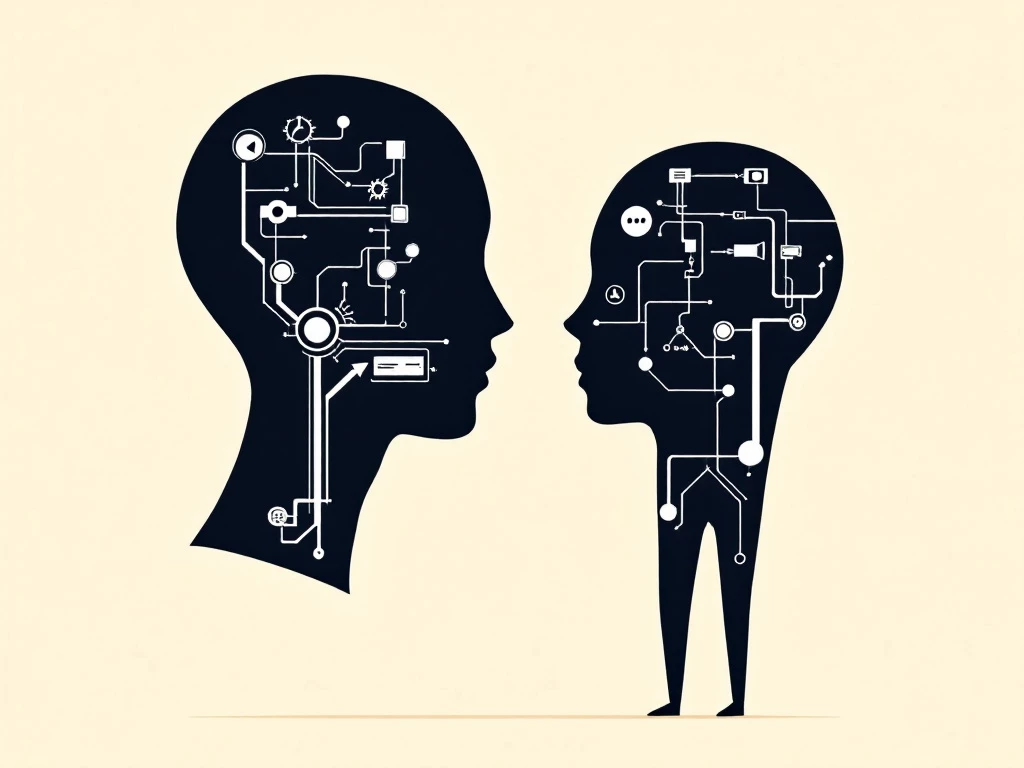 Minimalist digital illustration showing two silhouettes: one intelligent agent, one virtual assistant.