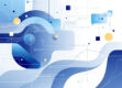 An abstract digital illustration representing intelligent agents in natural language processing with geometric shapes and gradients in blue, gray, and white.