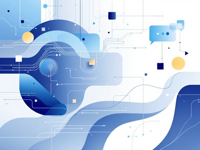 An abstract digital illustration representing intelligent agents in natural language processing with geometric shapes and gradients in blue, gray, and white.
