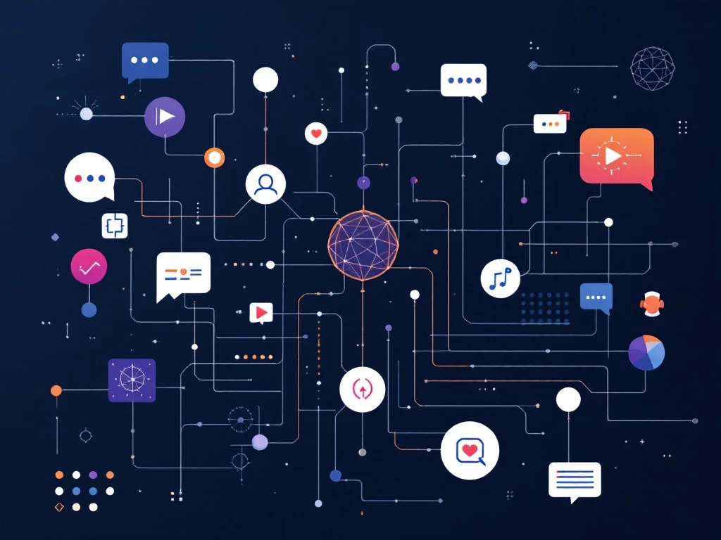 A clean, minimalist image depicting interconnected digital agents and languages through abstract geometric shapes and lines.