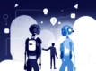 Stylized silhouettes of interconnected agents communicating against a duotone background.