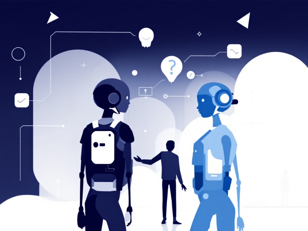 Stylized silhouettes of interconnected agents communicating against a duotone background.