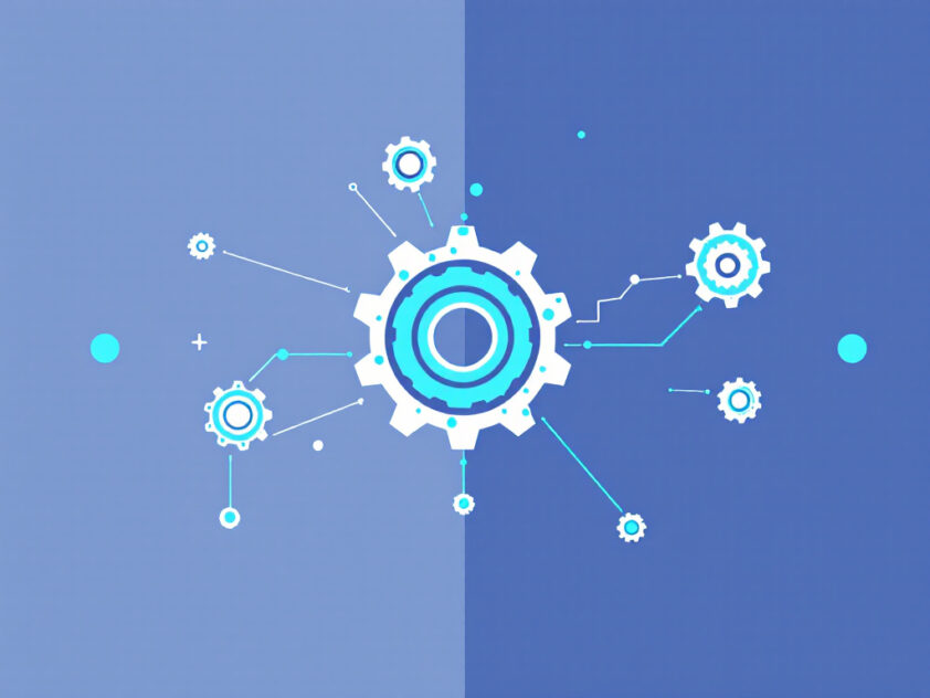 A minimalist modern illustration of interconnected gears symbolizing multi-agent systems in distributed AI.