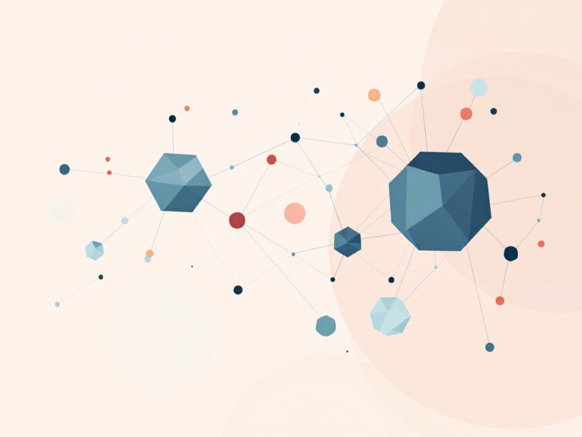A minimal illustration of interconnected geometric shapes in modern colors representing multi-agent systems.