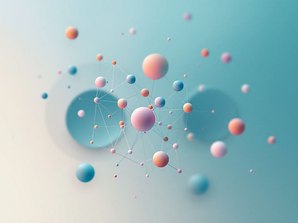A sleek, minimalist image featuring a swarm of interconnected geometric shapes in a soothing color palette.