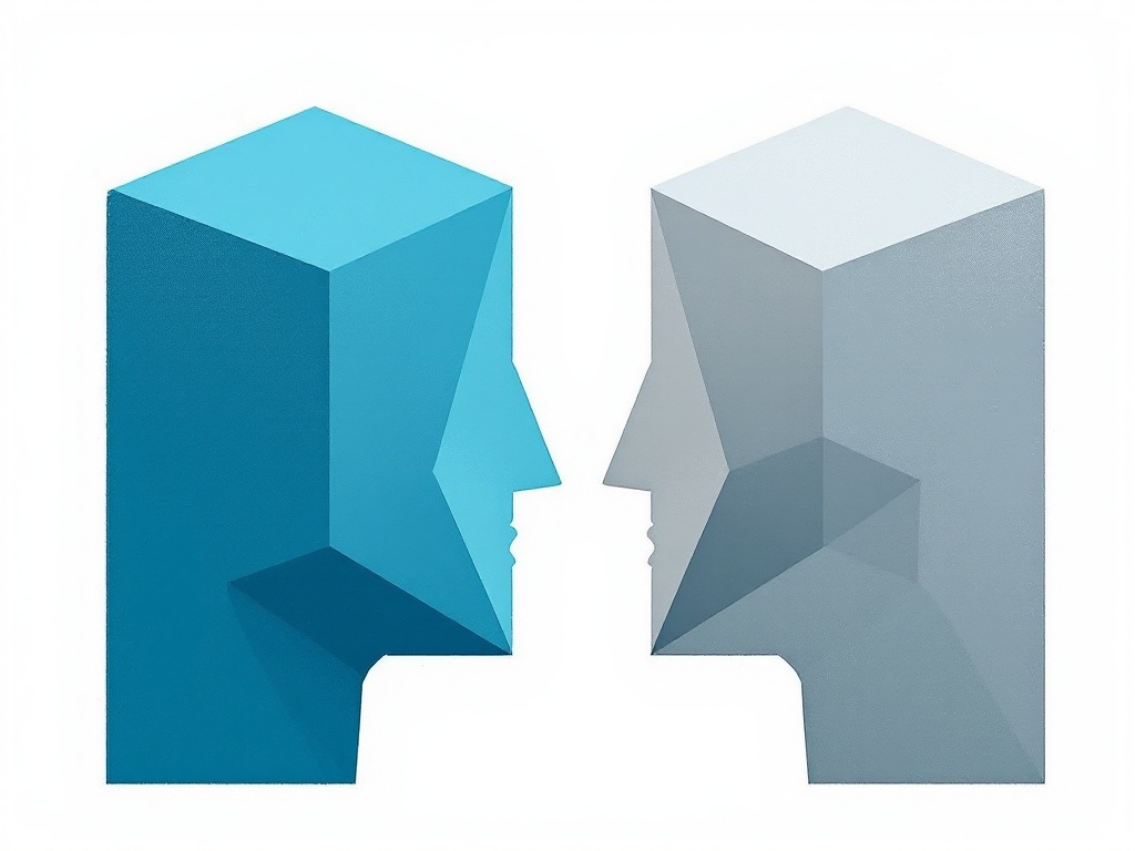 Minimalist digital illustration of interconnected geometric shapes in shades of blue and gray.