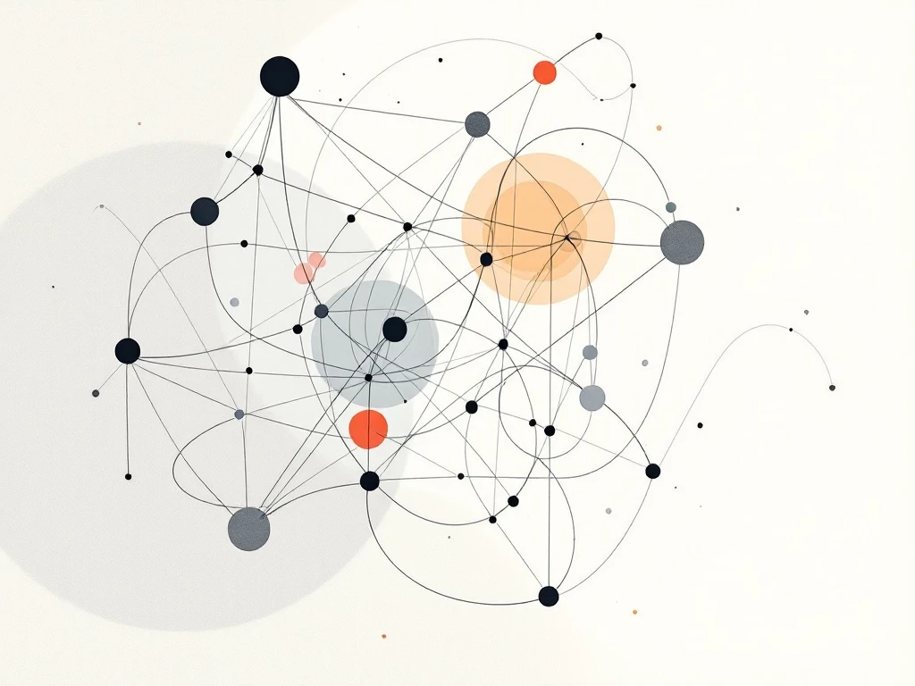 A minimalist abstract illustration of a complex network of interconnected shapes and lines representing dynamic interactions of autonomous agents.