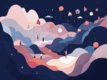 Modern minimalist illustration of interconnected software agents navigating a digital landscape with geometric shapes.