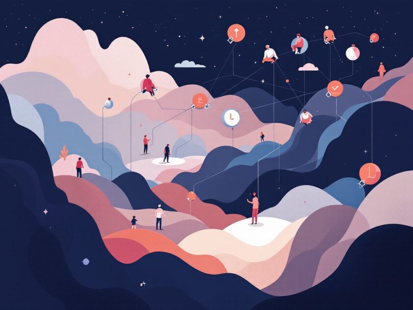 Modern minimalist illustration of interconnected software agents navigating a digital landscape with geometric shapes.