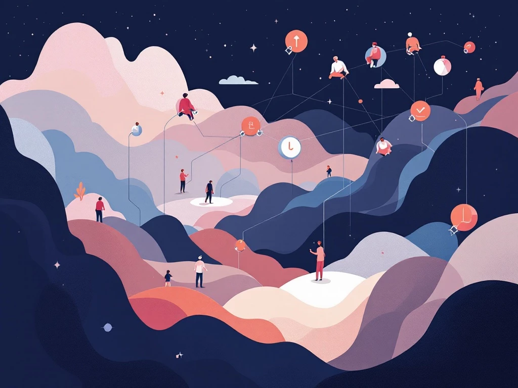 Modern minimalist illustration of interconnected software agents navigating a digital landscape with geometric shapes.