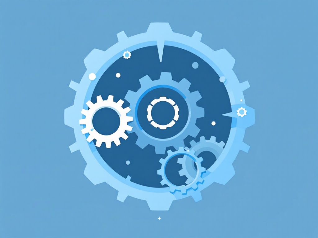 A minimalist, abstract illustration depicting interlocking gears in shades of blue, gray, and white, symbolizing artificial intelligence.