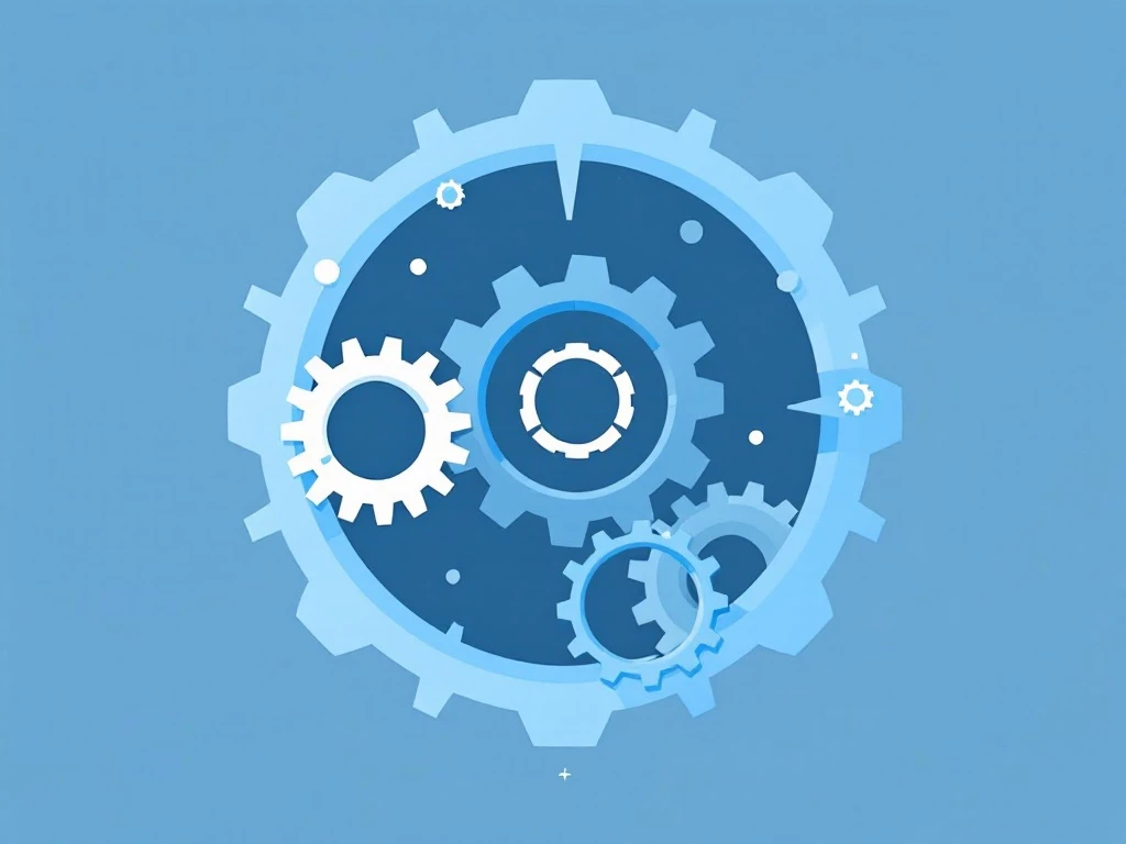A minimalist, abstract illustration depicting interlocking gears in shades of blue, gray, and white, symbolizing artificial intelligence.