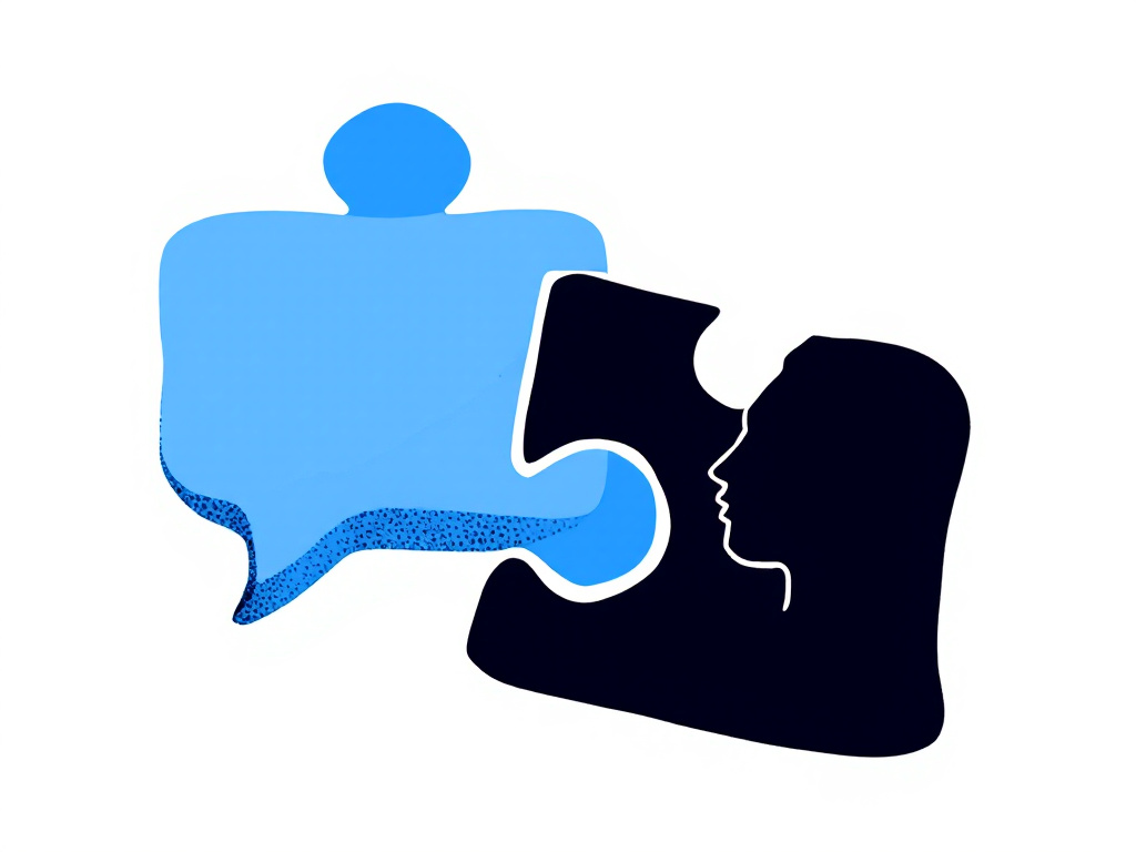 Minimalist illustration of two interlocking puzzle pieces, one a conversation bubble and the other a human silhouette, symbolizing connection.