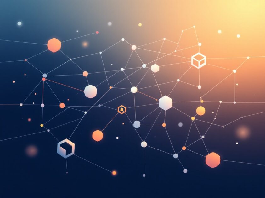 A sleek, minimalist illustration of a network of geometric shapes and lines representing communication between autonomous agents.