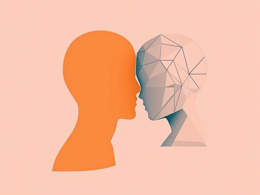A minimalist illustration of two intertwined figures representing human and AI collaboration.
