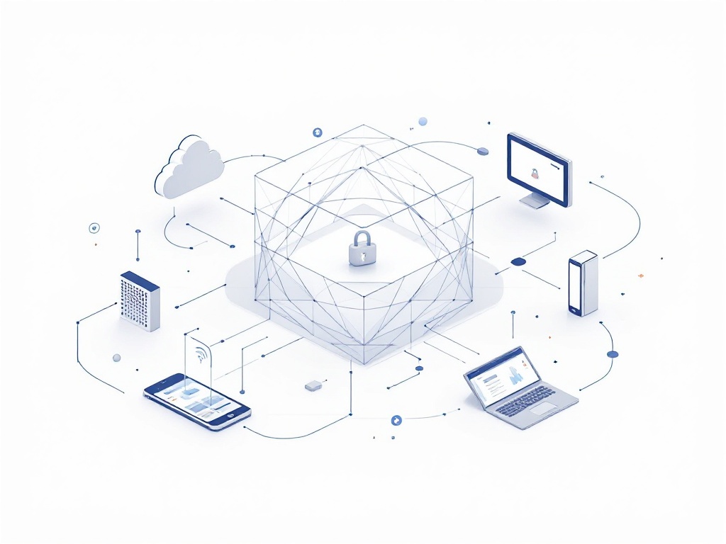 A clean, minimalist digital illustration of interconnected shapes and lines representing various IoT devices communicating through a central middleware system.