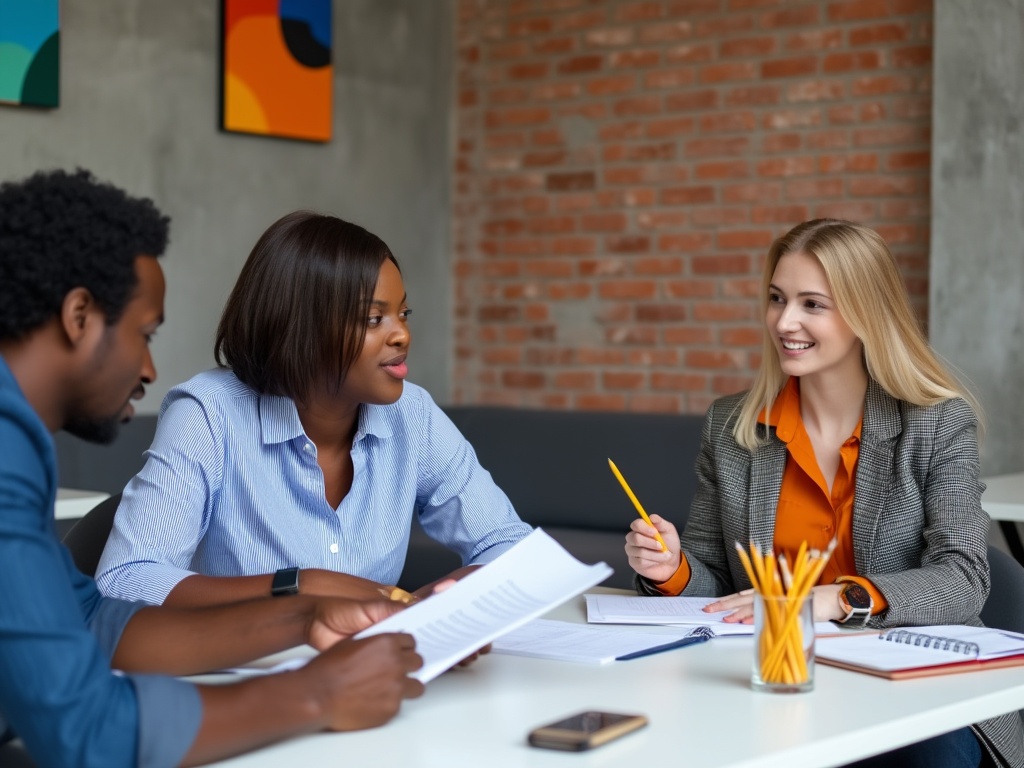 Three professionals at a table discussing candidate screening.