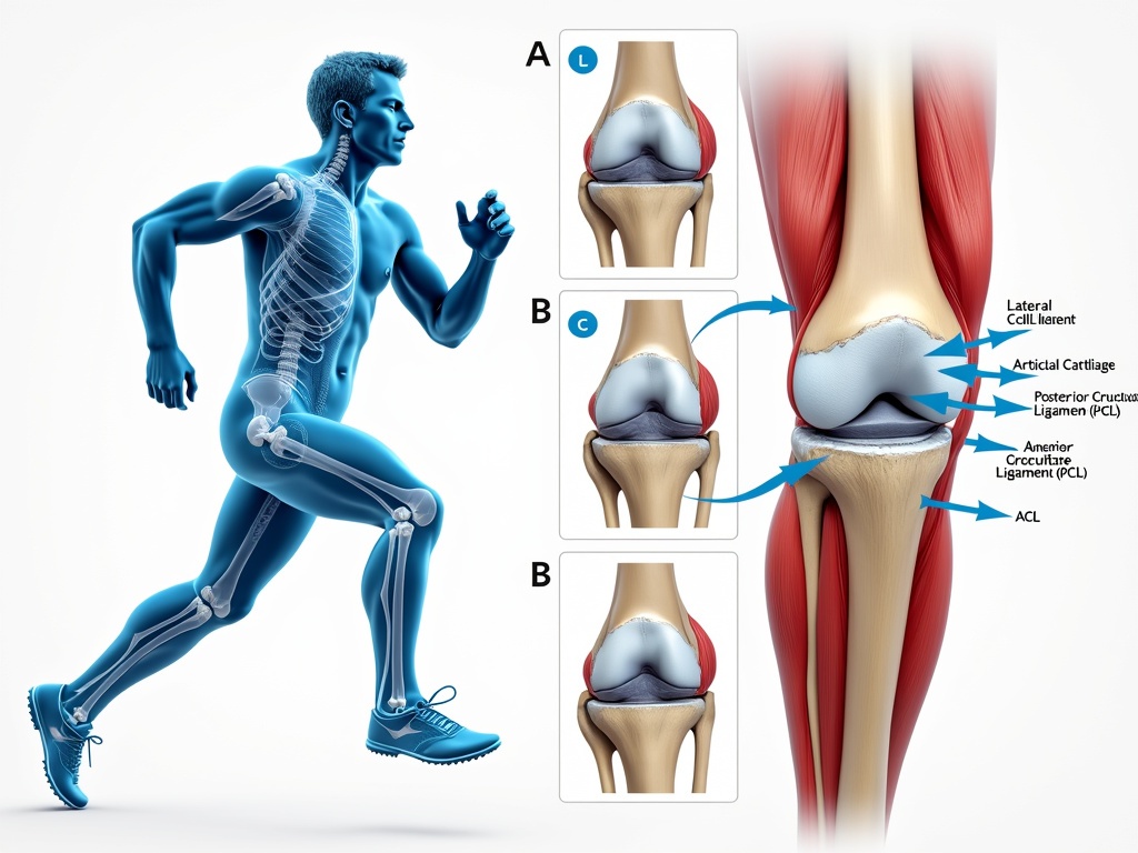 Illustration of a runner with anatomical knee joint details.