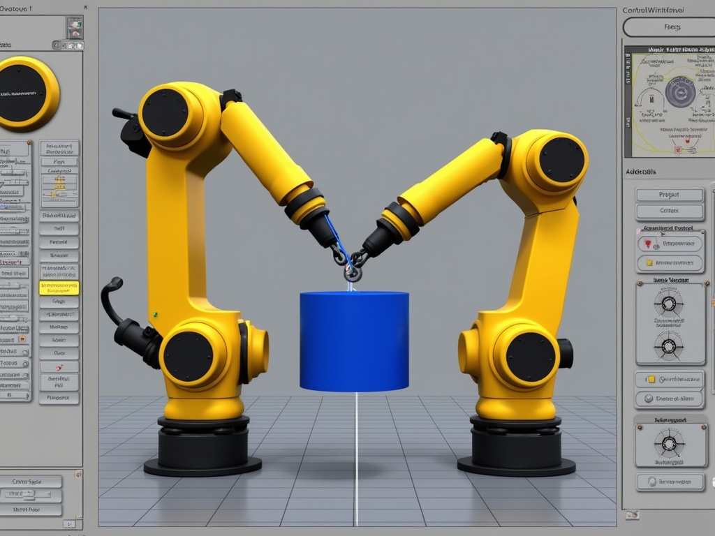 A robotic control interface with yellow KUKA arms manipulating an object.