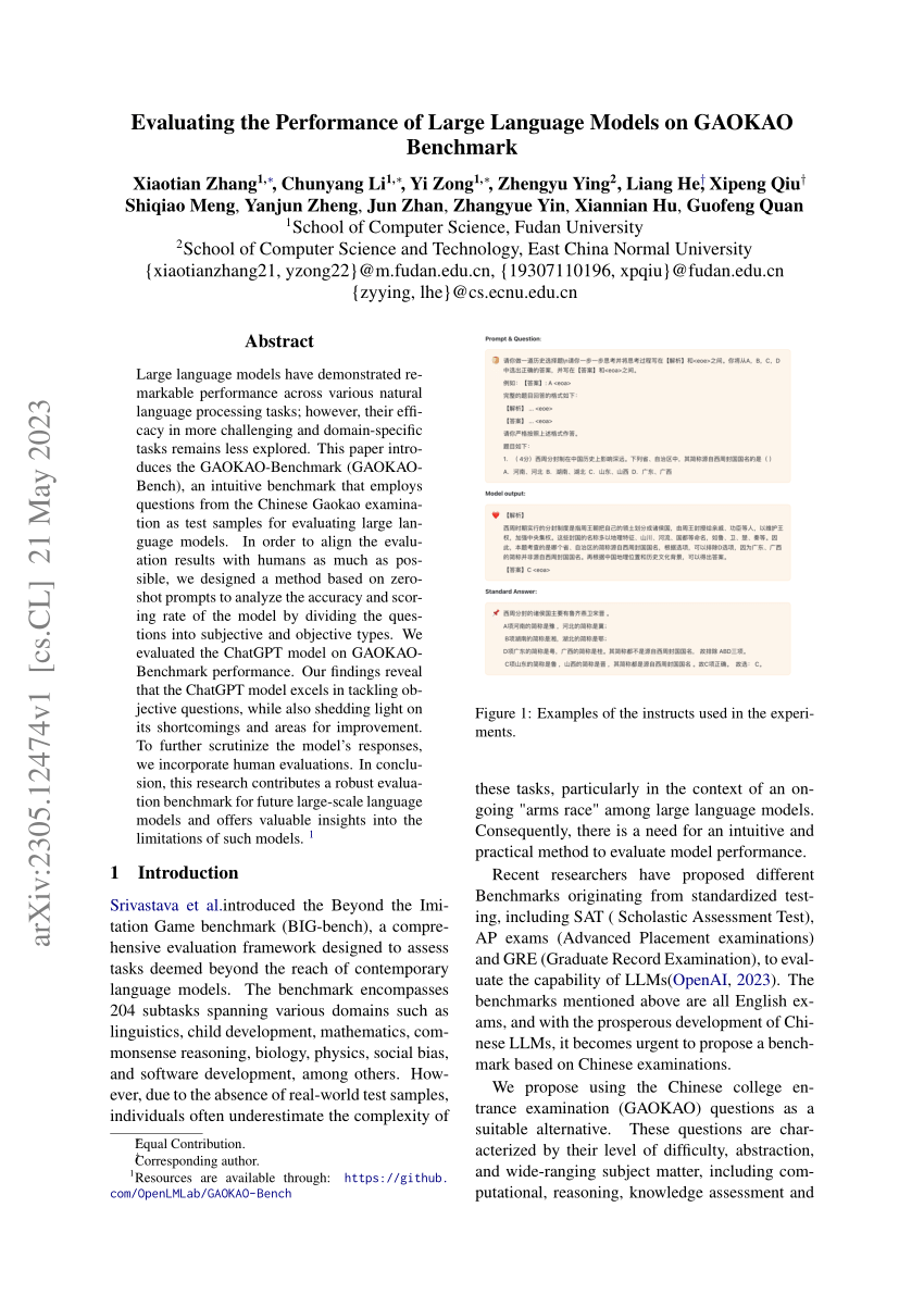 Evaluation of large language models using GAOKAO-Benchmark