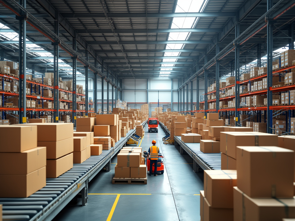 A spacious warehouse with conveyor systems and packed shelves.