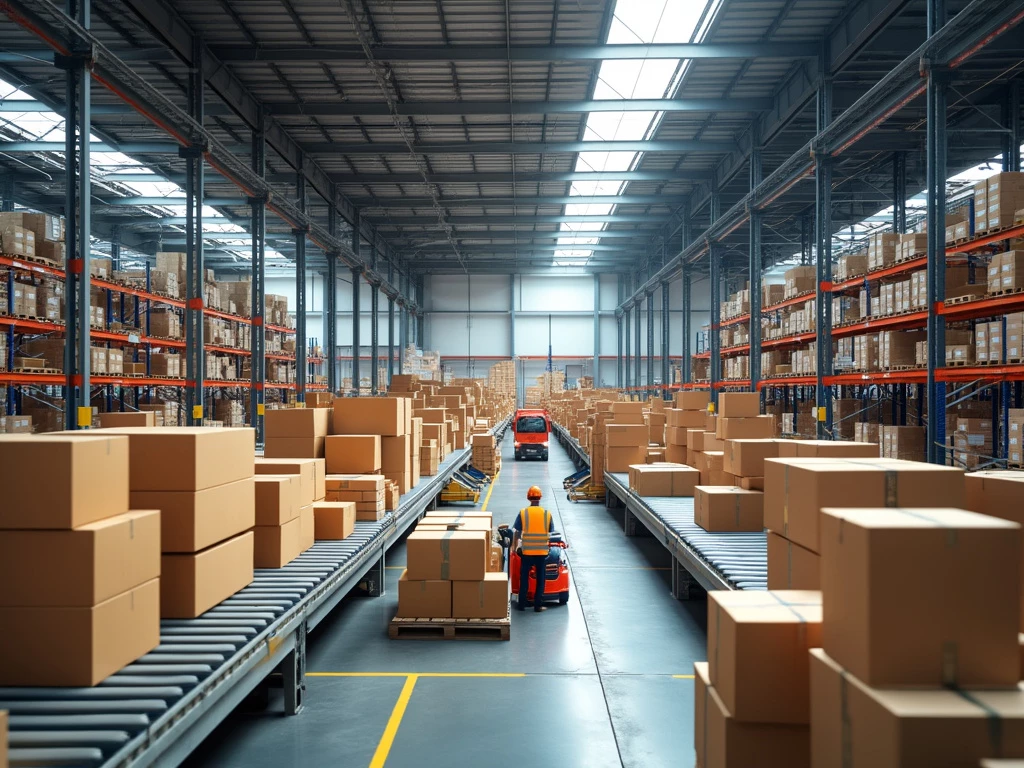 A spacious warehouse with conveyor systems and packed shelves.