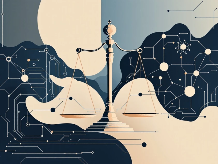 A minimalist illustration of law and AI integration with geometric shapes.