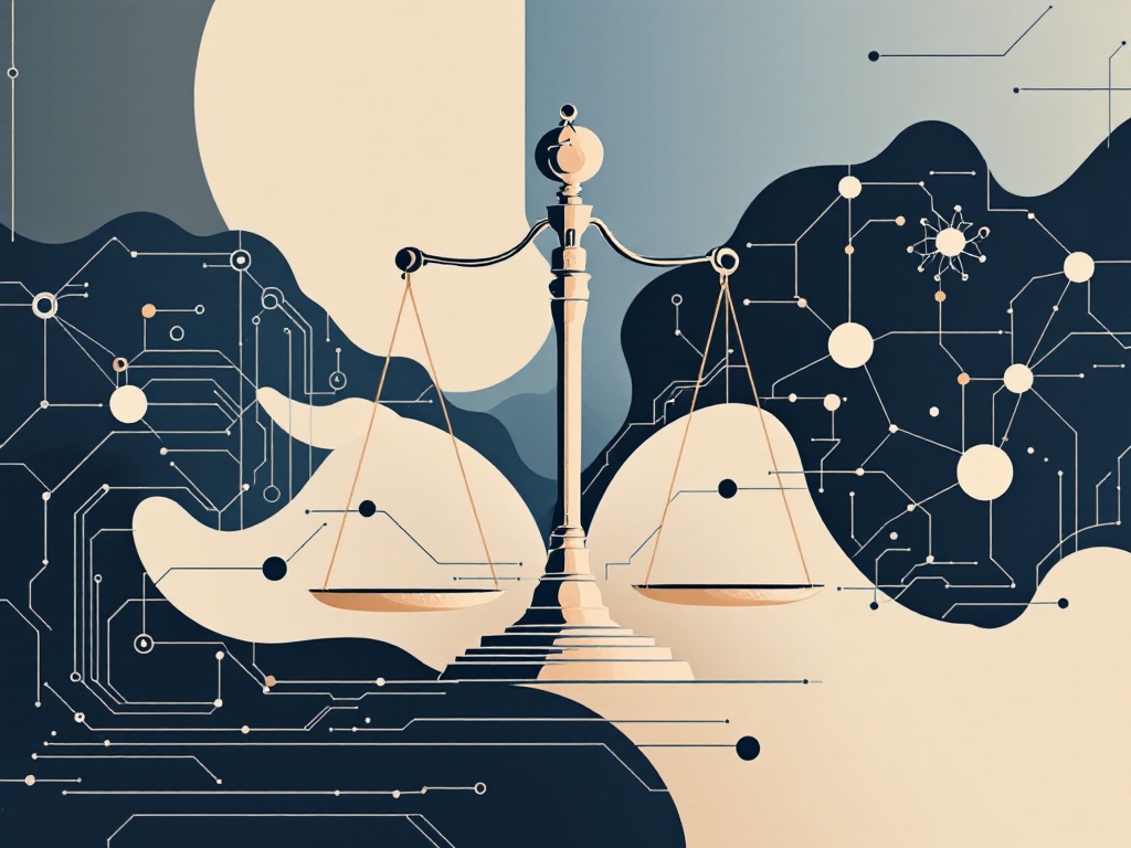 A minimalist illustration of law and AI integration with geometric shapes.
