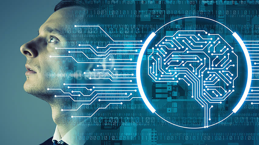 A man gazes upward with digital circuitry and a brain illustration.