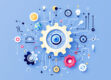 A clean, minimalist illustration of a mechanical cog surrounded by geometric shapes representing intelligent agent systems.