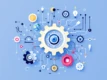 A clean, minimalist illustration of a mechanical cog surrounded by geometric shapes representing intelligent agent systems.