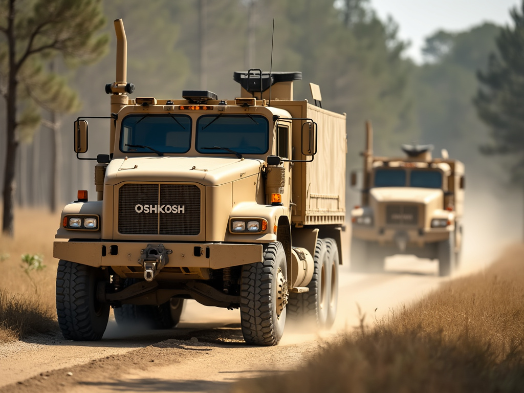 Two autonomous military vehicles on a dirt road in a wooded area.