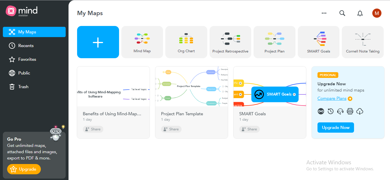 Mind mapping interface with project planning templates and features.