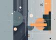 A clean, minimalist abstract artwork featuring geometric shapes and lines in a muted color palette.