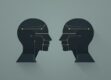 Abstract illustration of geometric shapes representing communication between AI agents.