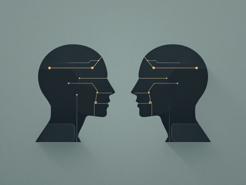 Abstract illustration of geometric shapes representing communication between AI agents.