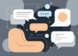 A minimalist, abstract digital illustration of a conversation interface featuring geometric shapes in a muted color palette.