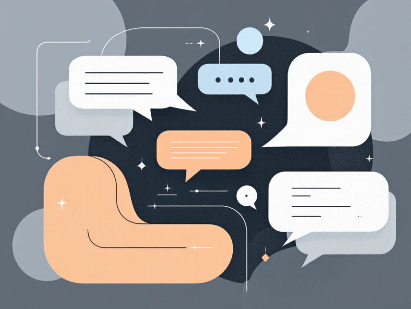 A minimalist, abstract digital illustration of a conversation interface featuring geometric shapes in a muted color palette.