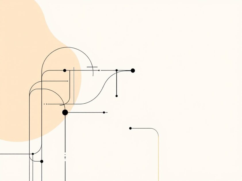 A minimalist abstract illustration on a light background featuring geometric shapes and lines representing language and communication.