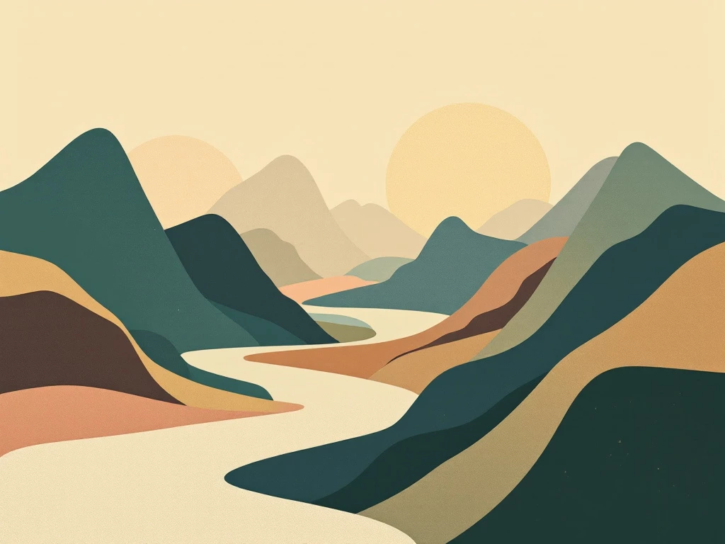A minimalist abstract landscape illustration featuring geometric shapes and gradients in earthy tones.