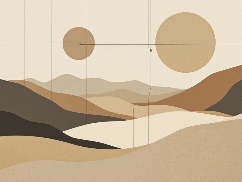A minimalist, abstract landscape with geometric shapes and earthy tones.