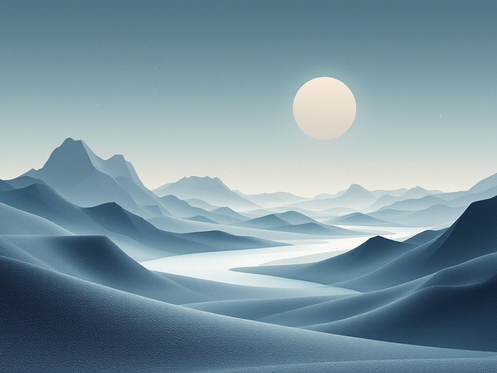 A minimalist, abstract landscape composed of simple geometric shapes and gradients.